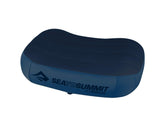 Sea to Summit Aeros Premium inflatable travel pillow, navy knit texture for comfort.