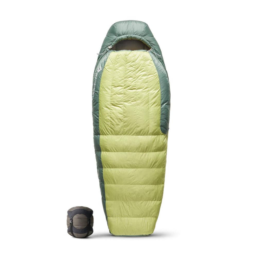 Sea to Summit Ascent women's sleeping bag with hood cinch for cold-weather warmth.