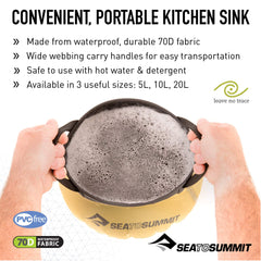 Sea to Summit collapsible sink full setup, water-ready for washing dishes.