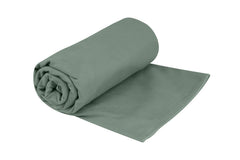 Sea to Summit Drylite Towel spread out in sage green highlights soft microfiber and quick-dry performance.