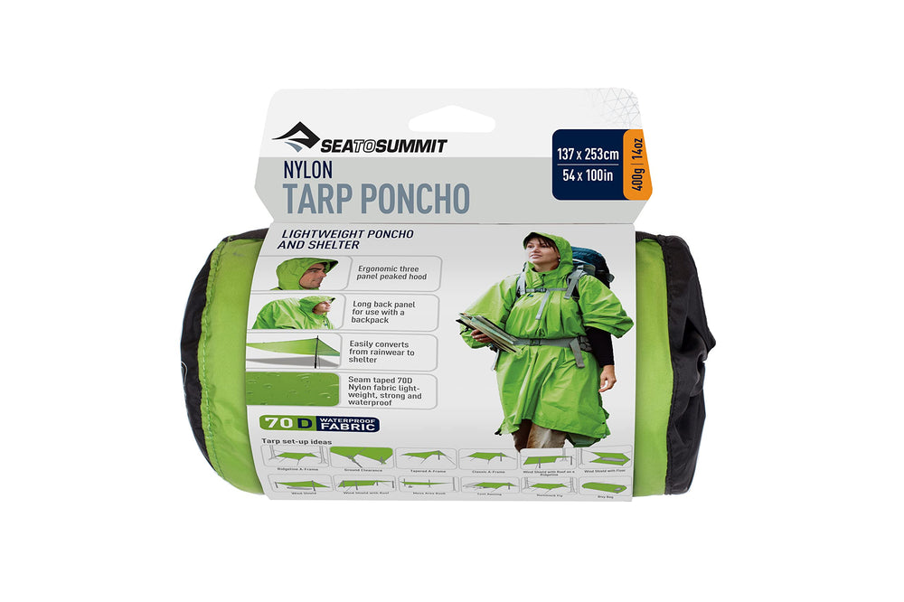 Sea to Summit nylon tarp poncho hooded raincoat demonstrates rain protection