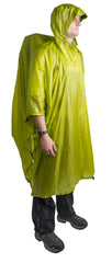 Sea to Summit Ultra-SIL Nano Tarp Poncho worn as a raincoat with visible lime hood and vents