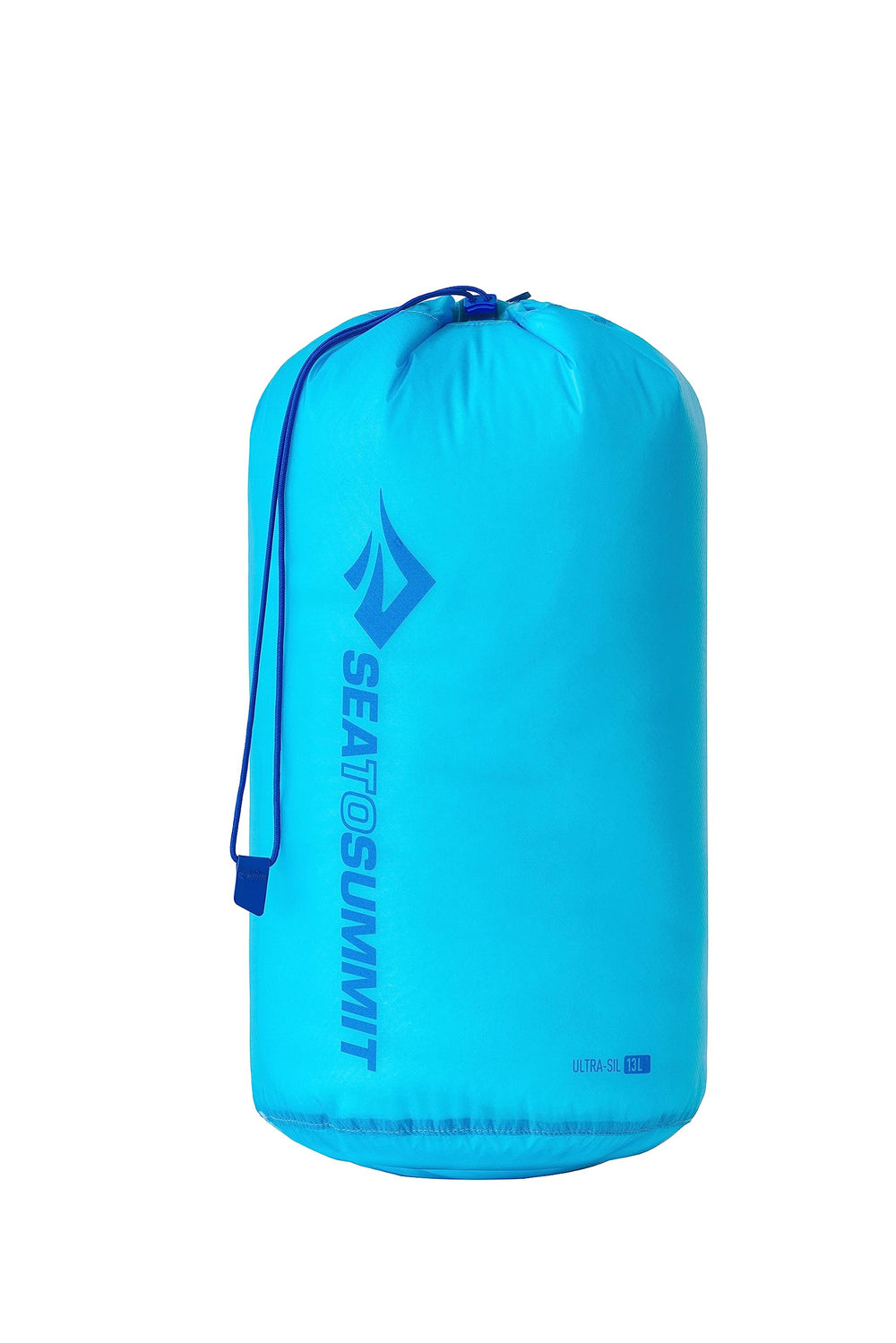 Sea to Summit Ultra-SIL Stuff Sack 13L in Atoll Blue, front view for easy gear organization on hikes.