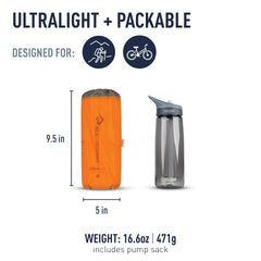 Sea to Summit ultralight insulated sleeping pad inflated showing compact 66x21.5 inch size.
