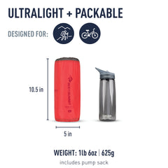 Sea to Summit ultralight insulated sleeping pad packed in its stuff sack for compact portability.