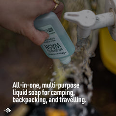 Sea to Summit Wilderness Wash leakproof bottle emphasizes rugged, spill-free camping use.