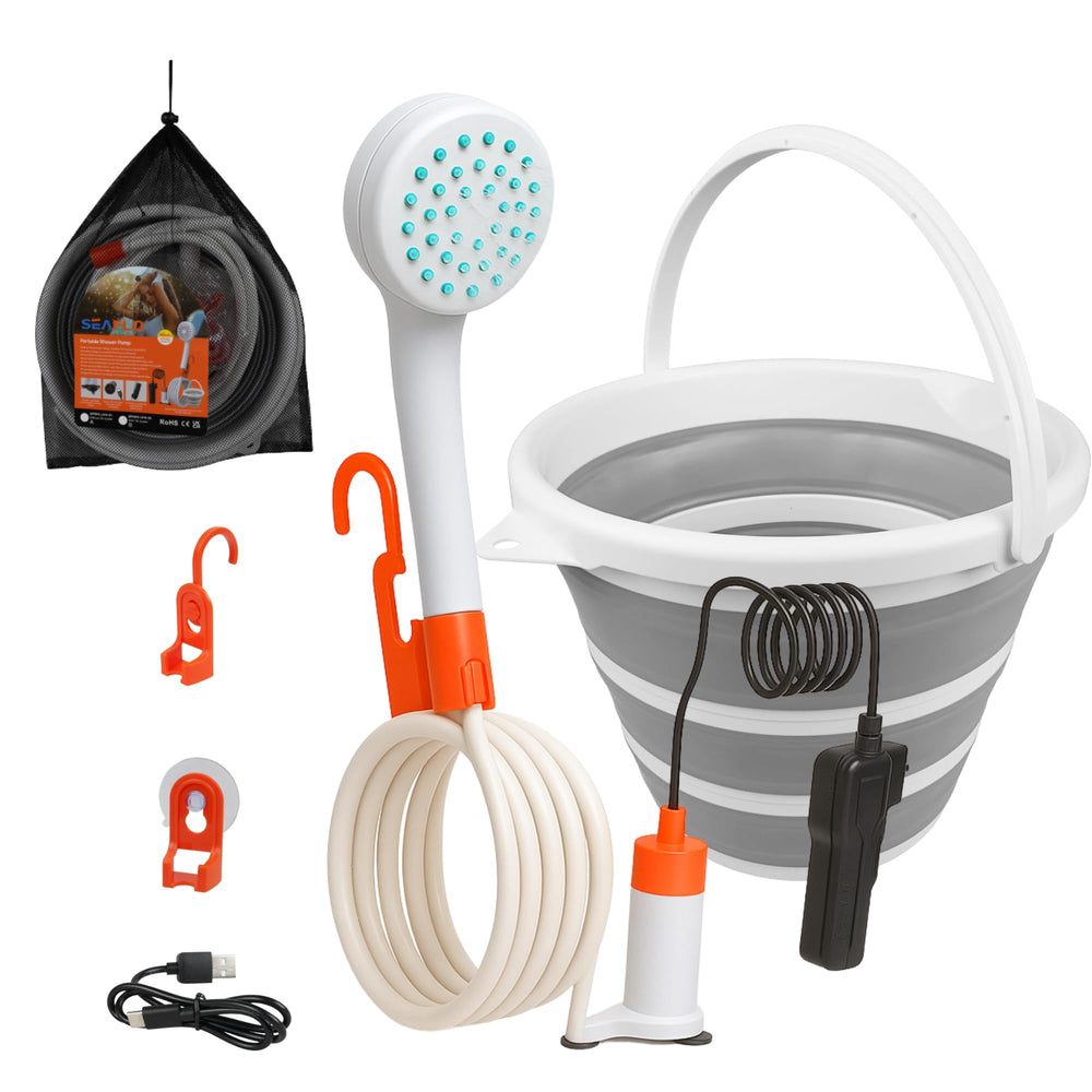 SEAFLO portable shower pump ready for outdoor cleaning on camping trips
