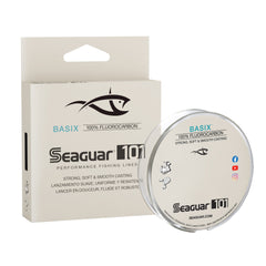 Seaguar BasiX 101 fluorocarbon spool close-up showing low underwater visibility
