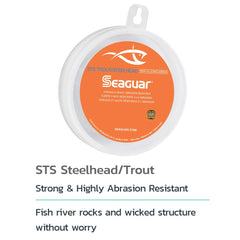 Seaguar STS fluorocarbon leader close-up showing 100% fluorocarbon composition.