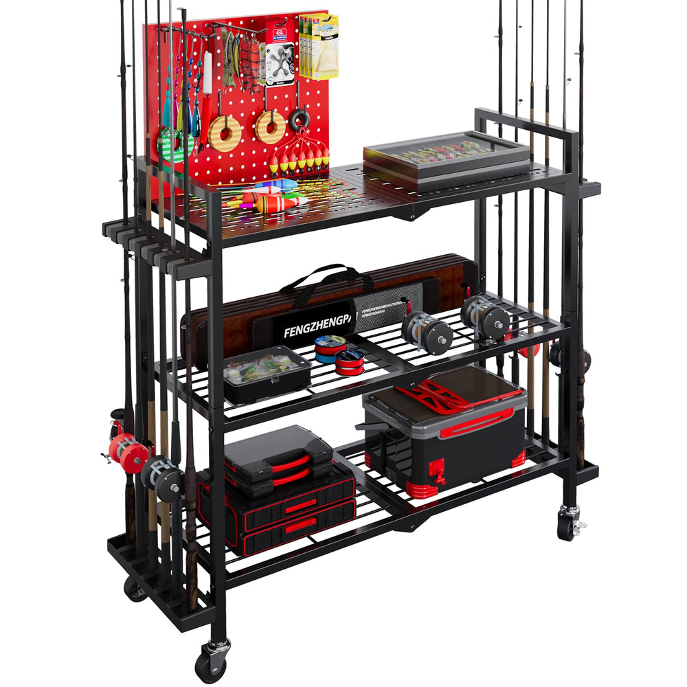 SEEAHEAD 3-tier fishing rod rack with wheels and pegboard, side view