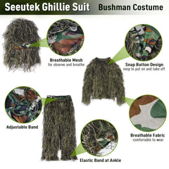 Seeutek ghillie suit jacket showcases 3D camouflage for comfortable, all-day field use.