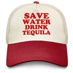 Sefgaen Save Water Drink Tequila trucker hat front view with retro denim style and unisex fit
