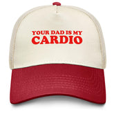 Sefgaen Your Dad Is My Cardio Trucker Hat front view with denim wash for retro style.