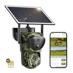 SEHMUA trail camera dual-lens linkage front view for multi-angle wildlife footage.