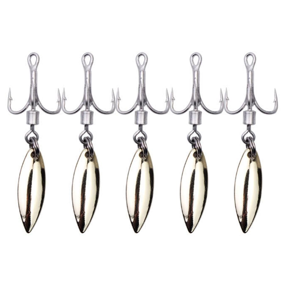 SEIWEI 5pcs 8# Bladed Treble Hooks with Willow Spinner Gold – front view
