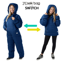 Selk'bag SWYTCH Lite jacket mode worn, showcasing 2-in-1 versatility for indoor comfort.