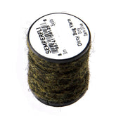 Semperfli Dirty Bug Yarn Dark Olive spool shows multi-tone fibers for lifelike nymph patterns.