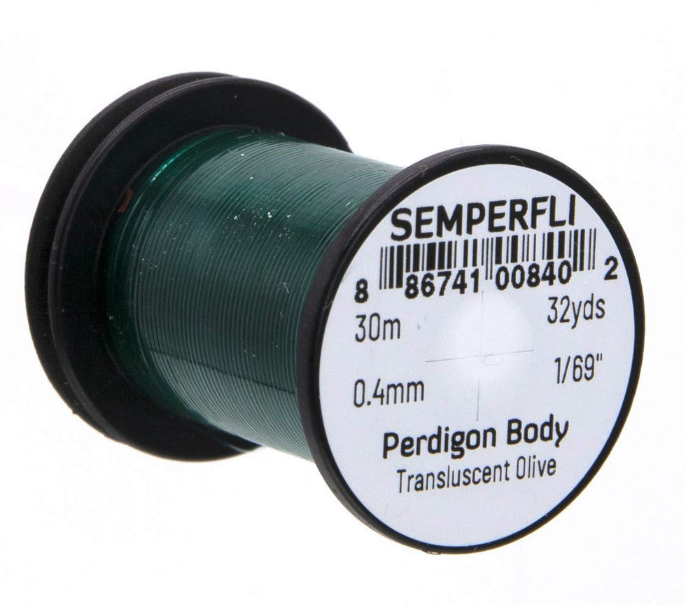 Semperfli Perdigon Body Olive Green spool showing iridescent color options for fly tying