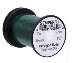 Semperfli Perdigon Body Olive Green spool showing iridescent color options for fly tying
