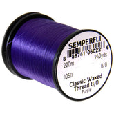 Semperfli Classic Waxed Thread 8/0 Purple closeup highlights flat grip for secure material hold.