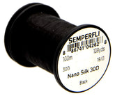 Semperfli Nano Silk Ultra 30D 18/0 Black spool close-up for precise, delicate fly tying.
