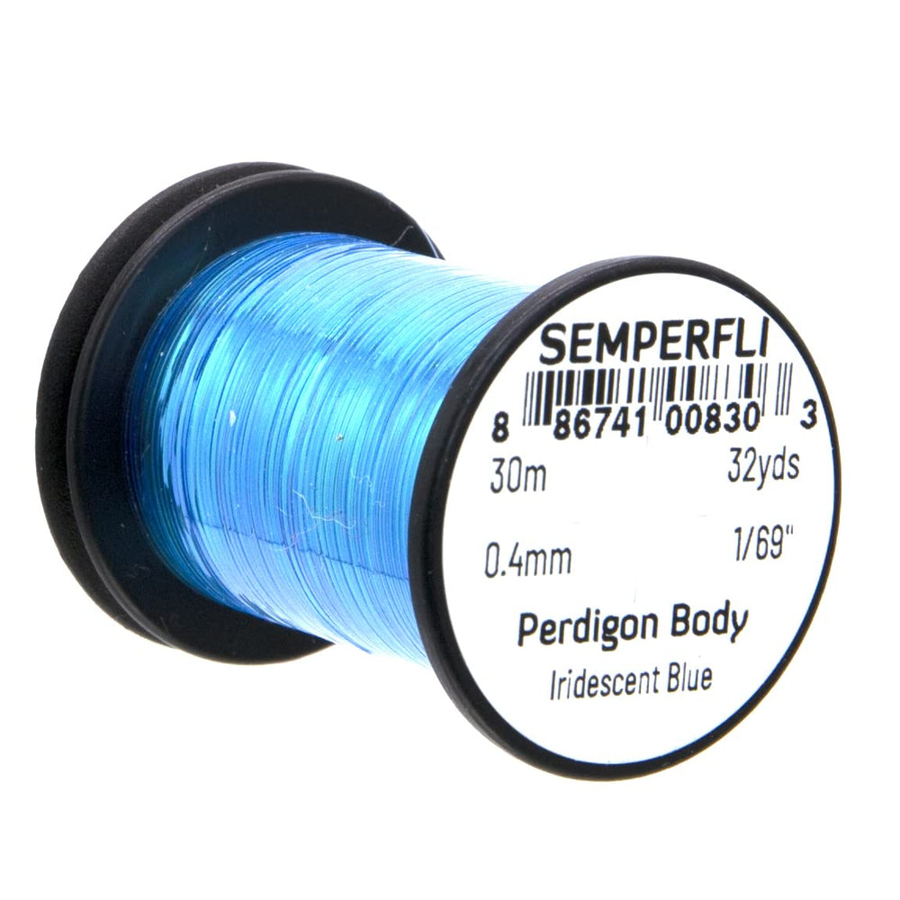 Semperfli Perdigon Body iridescent blue on spool, enhancing perdigon fly bodies.