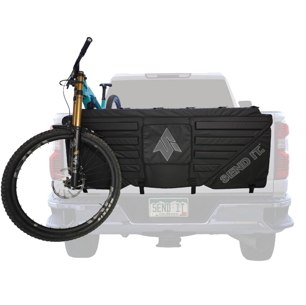 Send It High Roller Tailgate Pad V2 setup view showing quick, secure installation for bikes