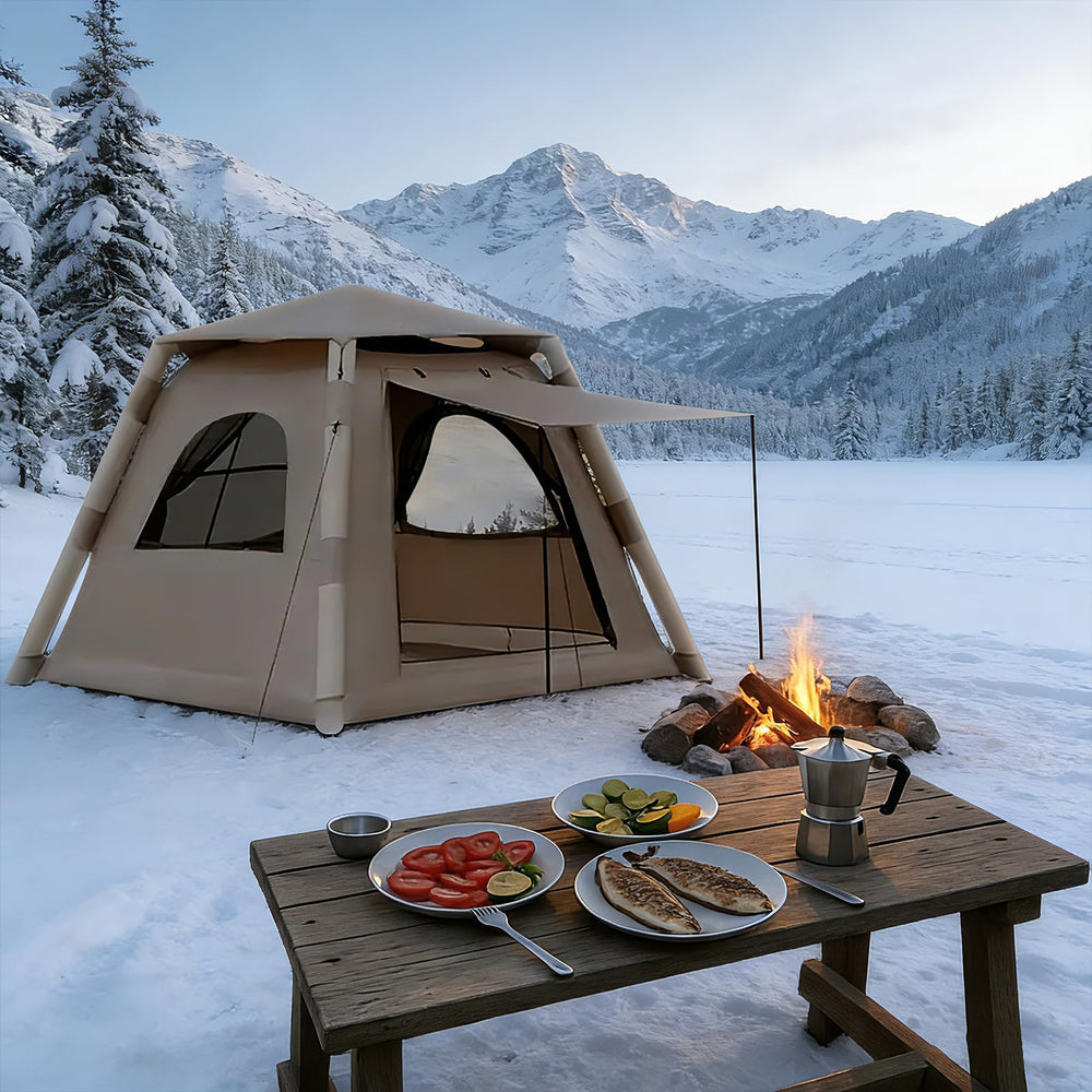 SENLEETO inflatable tent with pump for quick setup.