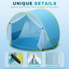 Senodeer beach tent shows extendable front area expanding play space.