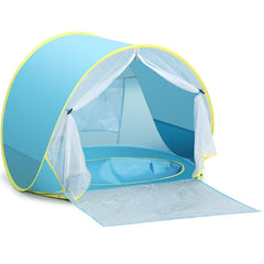 Senodeer baby beach tent pops up quickly for easy setup by the shore.