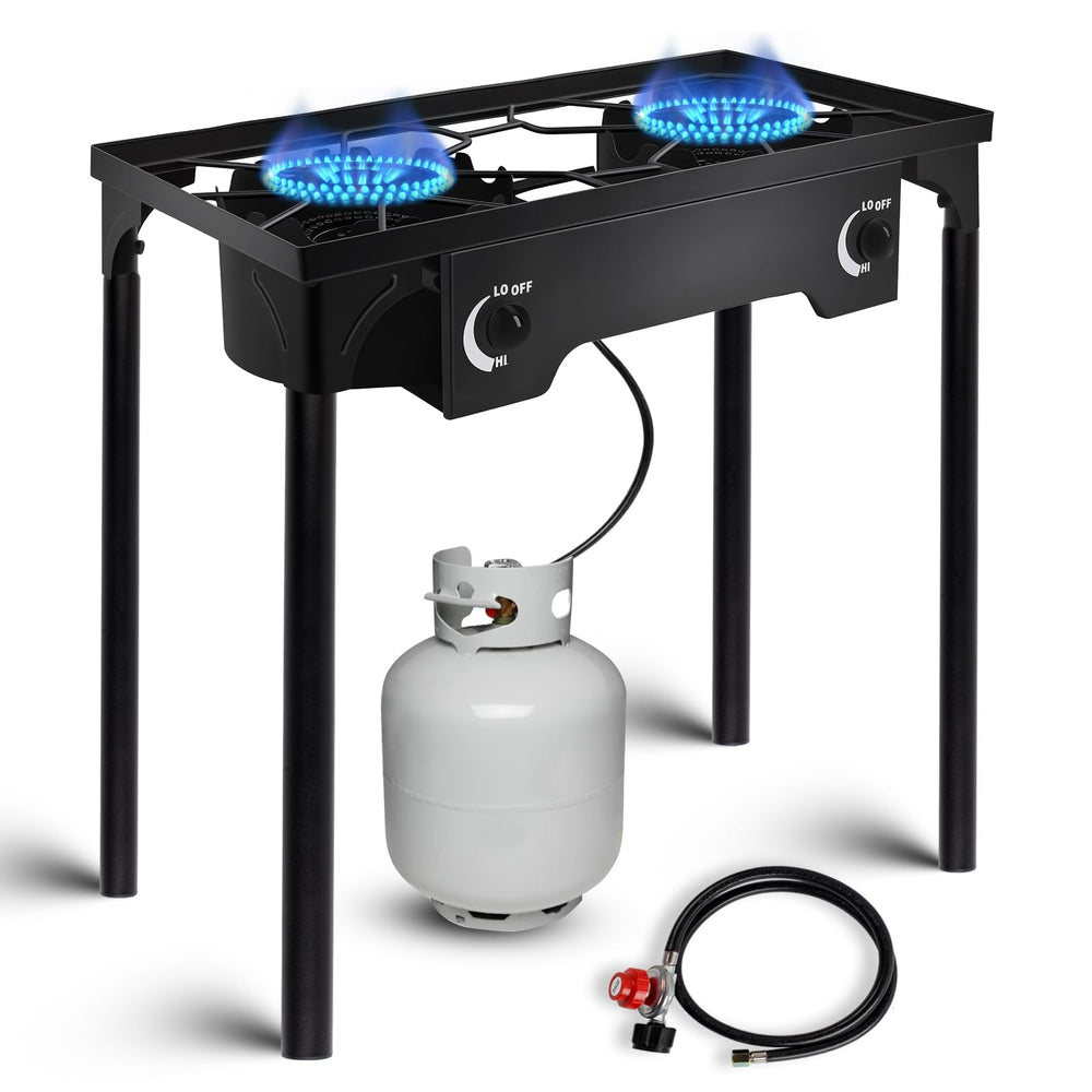 Senrob 2-burner camping stove top view, highlighting dual heat zones for versatility.