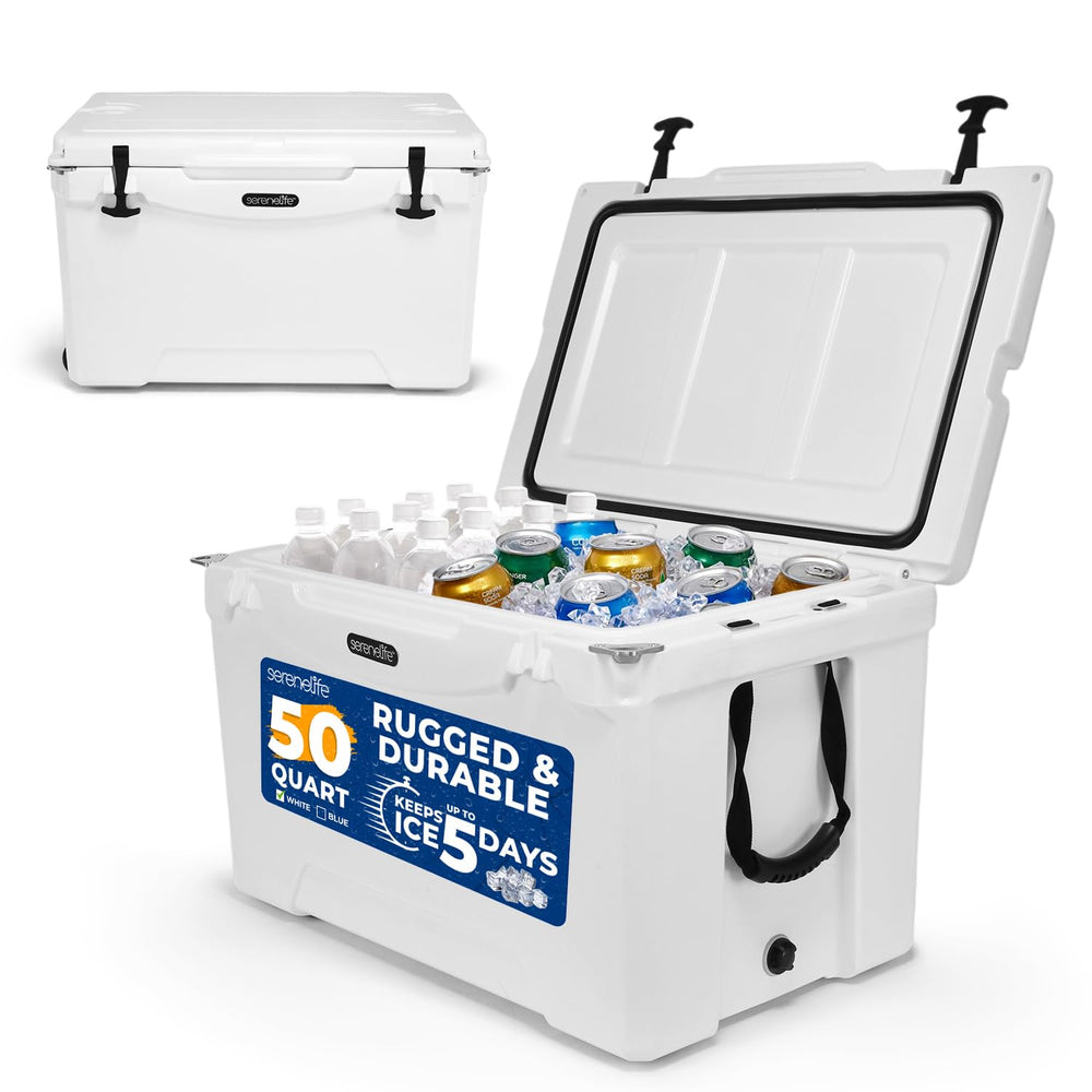 SereneLife 50QT cooler with wheels, side view for easy outdoor transport