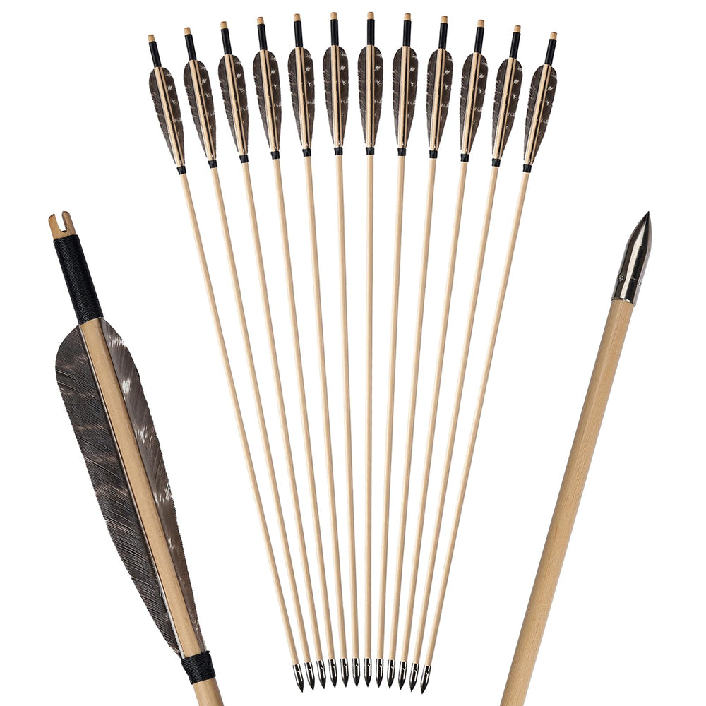 S F 12Pcs wooden arrow with natural feathers enhances flight stability for traditional bows.
