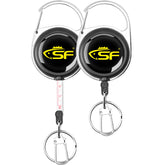 SF 2Pcs Fly Fishing Zinger Retractor in black case with measuring tape – front view