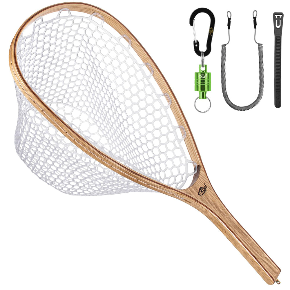 SF Fly Fishing Landing Net handle close-up shows sturdy wooden grip