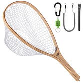 SF Fly Fishing Landing Net handle close-up shows sturdy wooden grip