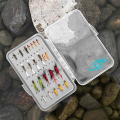 Open slim fly box showing organized small nymphs and replaceable foam