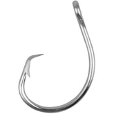 Shaddock Fishing tuna circle hooks closeup in 8/0 show corrosion resistance for saltwater fishing.