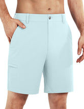 Shallowlulu men's golf shorts light blue stretch fabric close-up for comfortable swing.