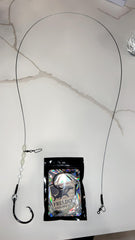 Close-up of 400 lb cable leader and inline 12/0 hook