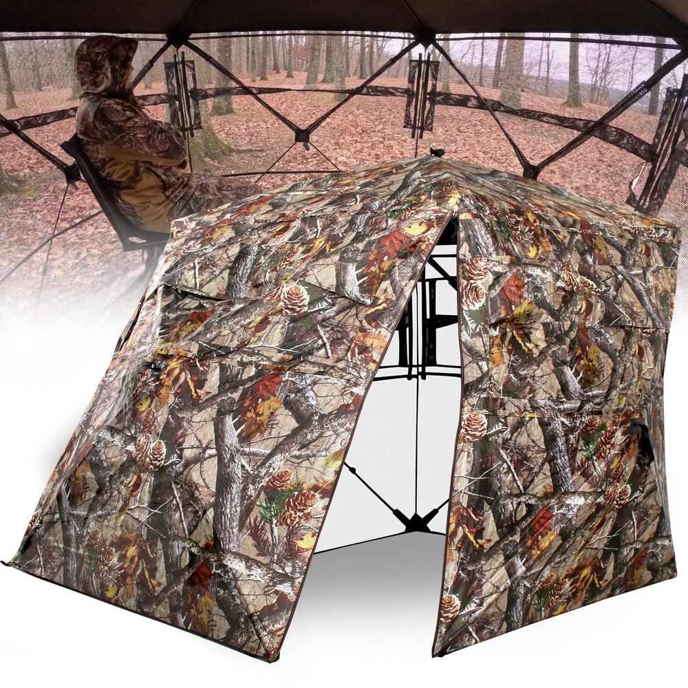 ShedOFF 360-degree see-through blind front view for wide-angle wildlife visibility.