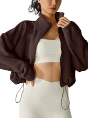 SHELOOKS coffee fleece short jacket shows cozy fabric for warm everyday wear