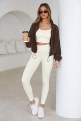 SHELOOKS coffee fleece short jacket with drawstring hem for adjustable fit