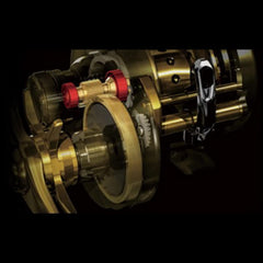 SHIMANO 21 Calcutta Conquest 200HG reel side view shows rugged frame for harsh conditions.