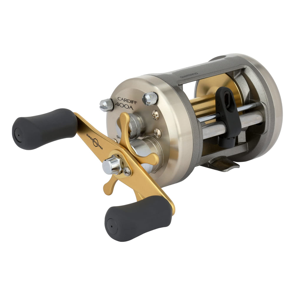 Shimano Cardiff A reel side view; durable aluminum frame for reliability.