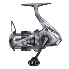 Shimano Nasci 1000 reel angled view shows lightweight design for extended casting.