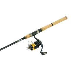 Shimano Spheros spinning combo rod and reel shot emphasizing robust HAGANE Body for high rigidity.