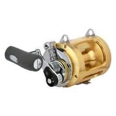 Shimano Tiagra 50A long-range 2-speed reel, front view, smooth casting potential.