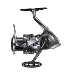 Shimano TwinPower FE side view highlights InfinityDrive and robust drag for steady line control