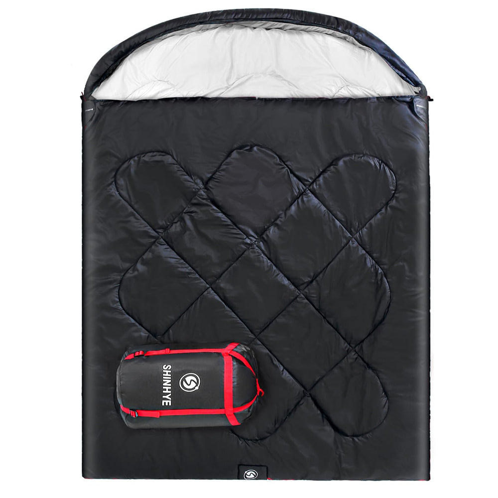 ShinHye double sleeping bag bottom windproof design; blocks drafts for warmer nights